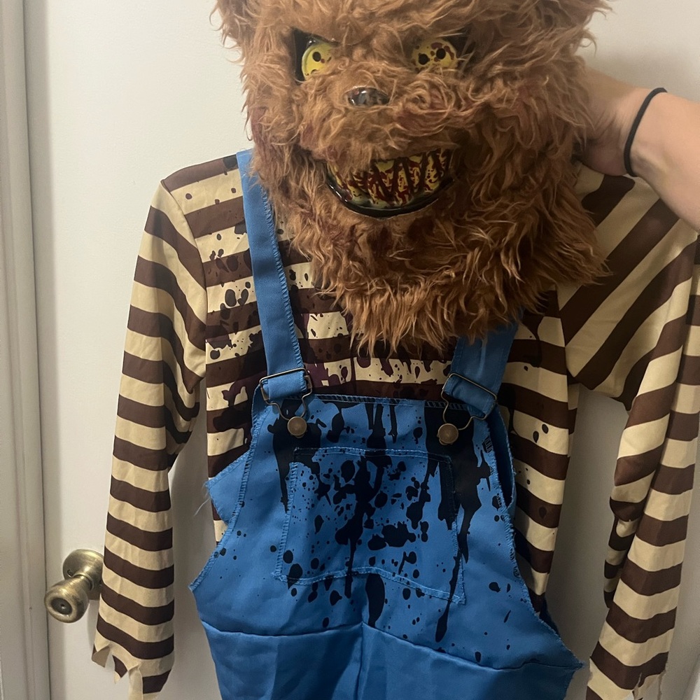 Spirit Halloween Scary Bear Adjustable Blue and Brown Striped 3 piece Costume